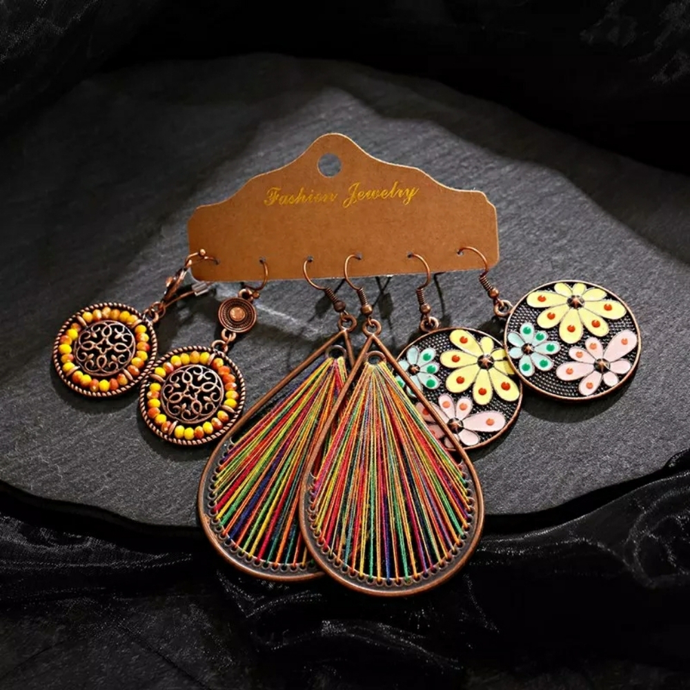 3 Pair Set Tribal Bohemian Dangle Earrings